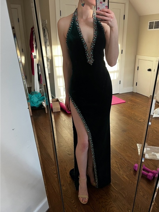 Jovani Dresses & Skirts - Jovani Deep V Halter Pageant Evening Gown High Slit Dark Green with Earring